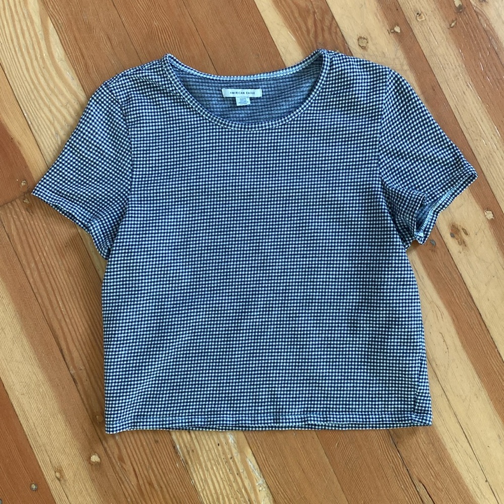 American Eagle Black and White Gingham Print Short‎ Sleeve Cropped Tee Medium